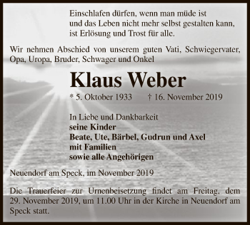 Traueranzeige von Klaus Weber von Uelzen