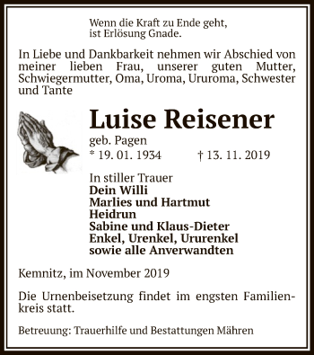 Traueranzeige von Luise Reisener von Uelzen