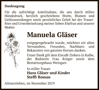 Traueranzeige von Manuela Gläser von Uelzen