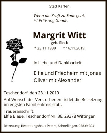 Traueranzeige von Margrit Witt von Uelzen