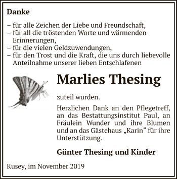 Traueranzeige von Marlies Thesing von Uelzen