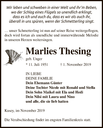 Traueranzeige von Marlies Thesing von Uelzen