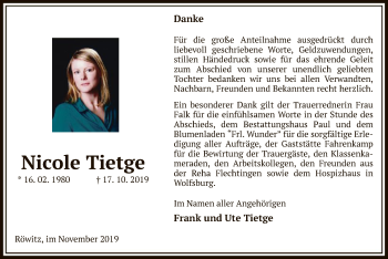 Traueranzeige von Nicole Tietge von Uelzen