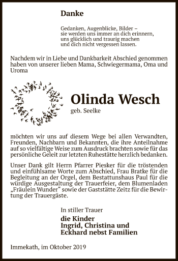 Traueranzeige von Olinda Wesch von Uelzen