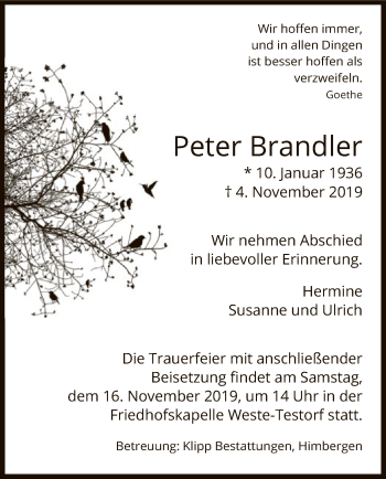 Traueranzeige von Peter Brandler von Uelzen