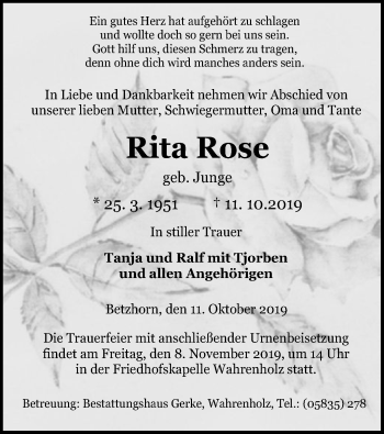 Traueranzeige von Rita Rose von Uelzen