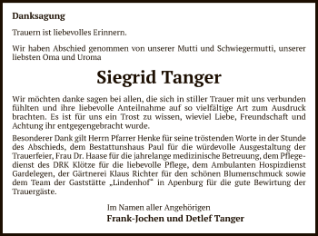 Traueranzeige von Siegrid Tanger von Uelzen