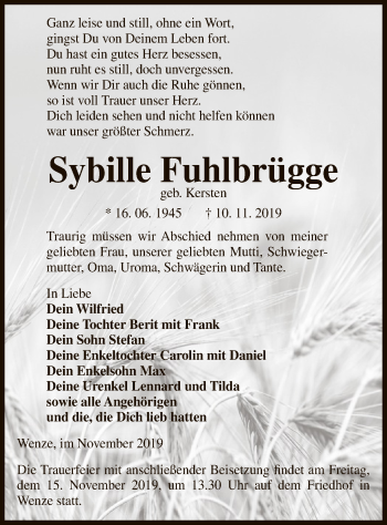 Traueranzeige von Sybille Fuhlbrügge von Uelzen