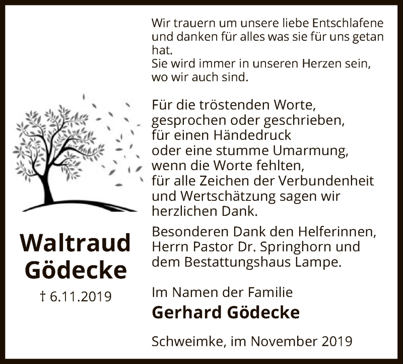  Traueranzeige für Waltraud Gödecke vom 23.11.2019 aus Uelzen