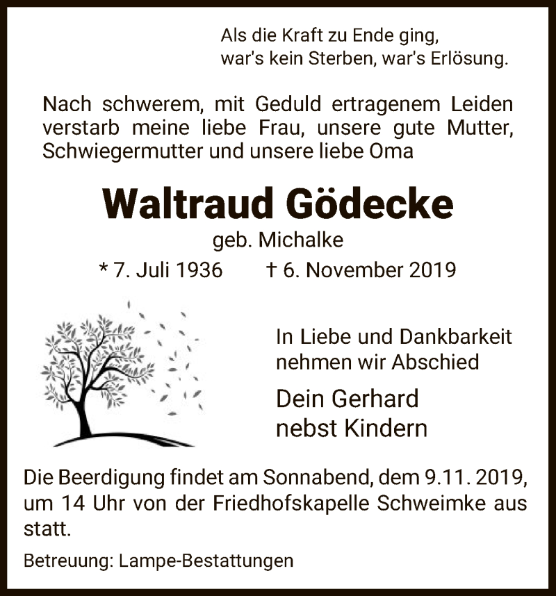  Traueranzeige für Waltraud Gödecke vom 08.11.2019 aus Uelzen