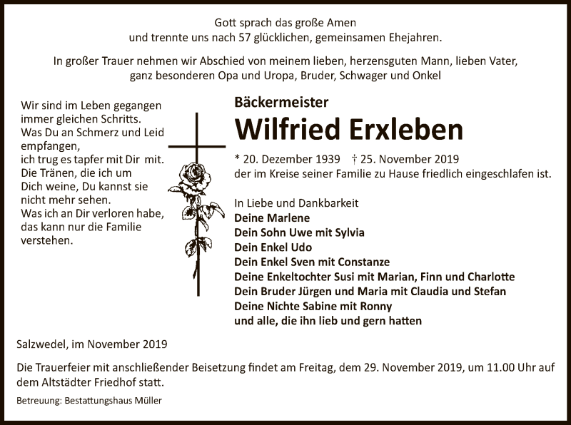  Traueranzeige für Wilfried Erxleben vom 27.11.2019 aus Uelzen