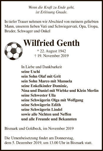 Traueranzeige von Wilfried Genth von Uelzen