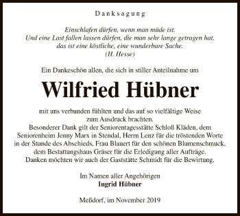 Traueranzeige von Wilfried Hübner von Uelzen