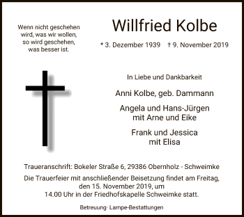 Traueranzeige von Willfried Kolbe von Uelzen