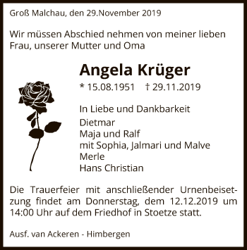 Traueranzeige von Angela Krüger von Uelzen