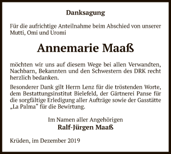 Traueranzeige von Annemarie Maaß von Uelzen