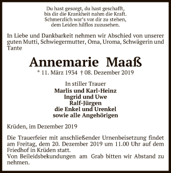 Traueranzeige von Annemarie Maaß von Uelzen