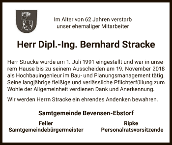 Traueranzeige von Bernhard Stracke von Uelzen