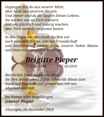 Traueranzeige von Brigitte Pieper von Uelzen