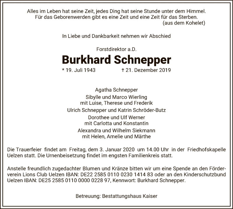  Traueranzeige für Burkhard Schnepper vom 28.12.2019 aus Uelzen