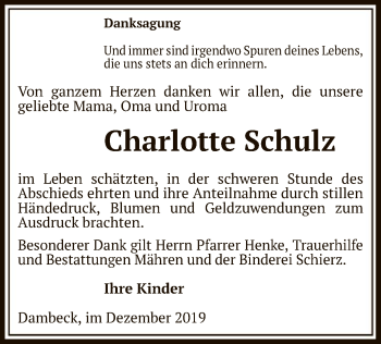 Traueranzeige von Charlotte Schulz von Uelzen