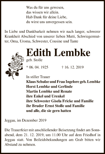 Traueranzeige von Edith Lembke von Uelzen