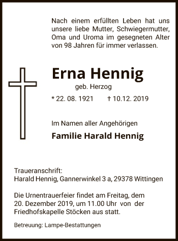 Traueranzeige von Erna Hennig von Uelzen