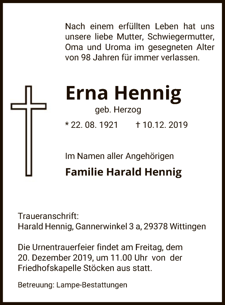  Traueranzeige für Erna Hennig vom 17.12.2019 aus Uelzen