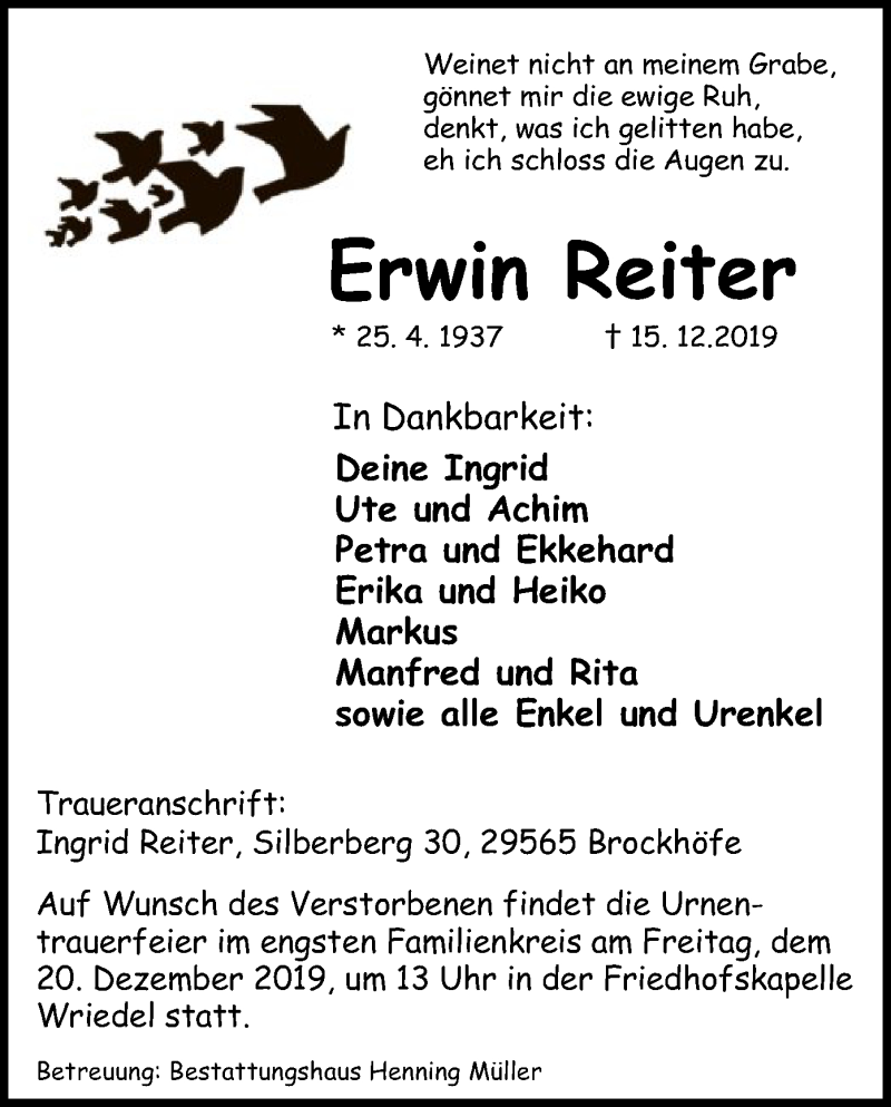  Traueranzeige für Erwin Reiter vom 18.12.2019 aus Uelzen