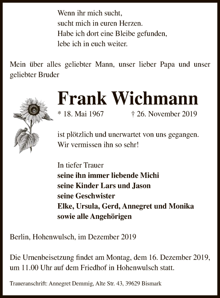  Traueranzeige für Frank Wichmann vom 12.12.2019 aus Uelzen