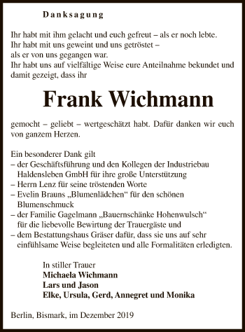 Traueranzeige von Frank Wichmann von Uelzen