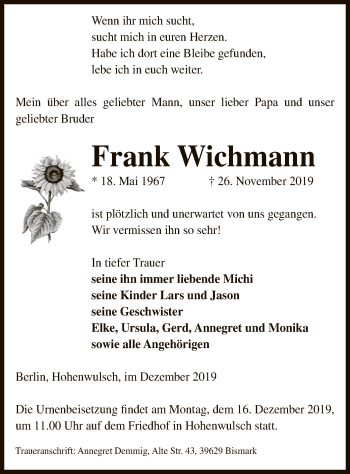 Traueranzeige von Frank Wichmann von Uelzen