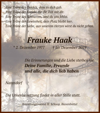 Traueranzeige von Frauke Haak von Uelzen