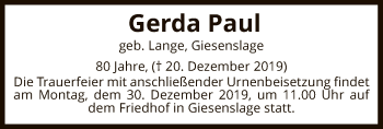 Traueranzeige von Gerda Paul von Uelzen