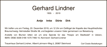 Traueranzeige von Gerhard Lindner von Uelzen