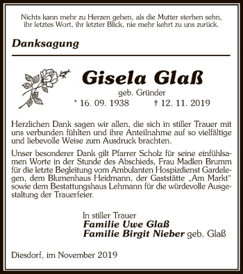 Traueranzeige von Gisela Glaß von Uelzen