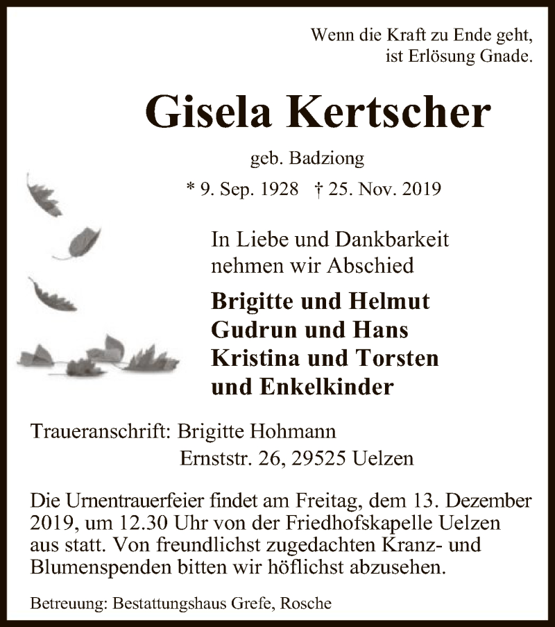  Traueranzeige für Gisela Kertscher vom 07.12.2019 aus Uelzen