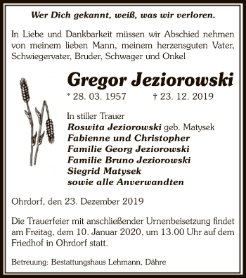 Traueranzeige von Gregor Jeziorowski von Uelzen