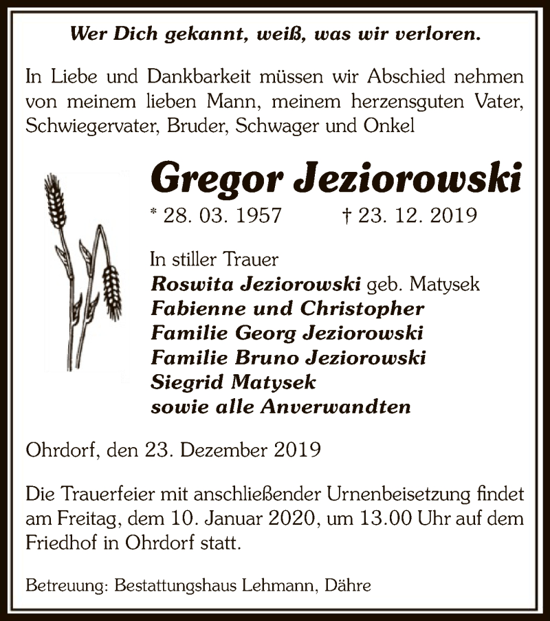  Traueranzeige für Gregor Jeziorowski vom 28.12.2019 aus Uelzen