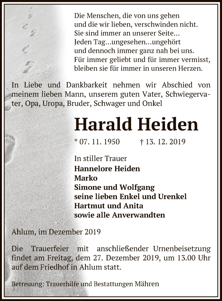  Traueranzeige für Harald Heiden vom 17.12.2019 aus Uelzen