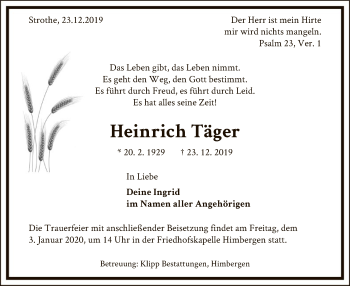 Traueranzeige von Heinrich Täger von Uelzen