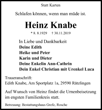 Traueranzeige von Heinz Knabe von Uelzen