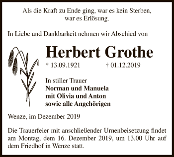 Traueranzeige von Herbert Grothe von Uelzen