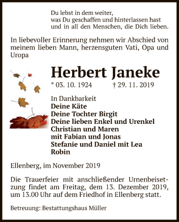 Traueranzeige von Herbert Janeke von Uelzen