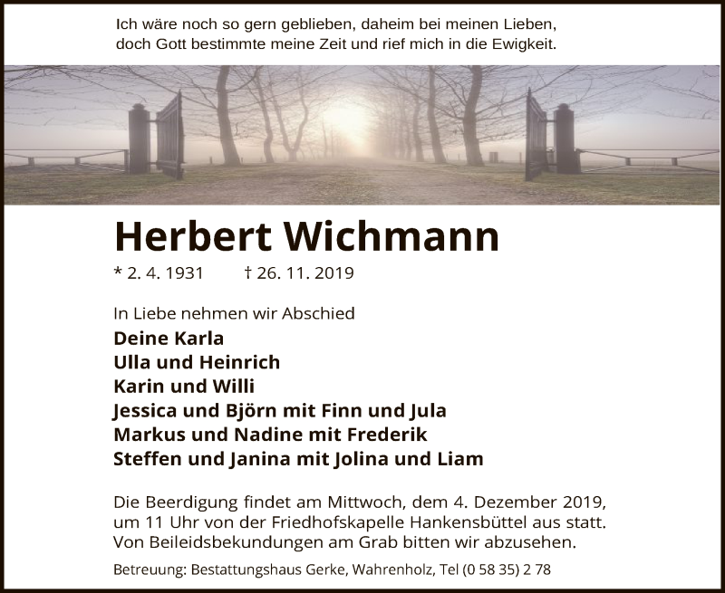  Traueranzeige für Herbert Wichmann vom 30.11.2019 aus Uelzen