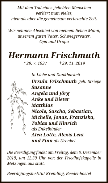 Traueranzeige von Hermann Frischmuth von Uelzen