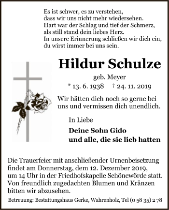 Traueranzeige von Hildur Schulze von Uelzen