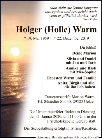 Traueranzeige von Holger Warm von Uelzen