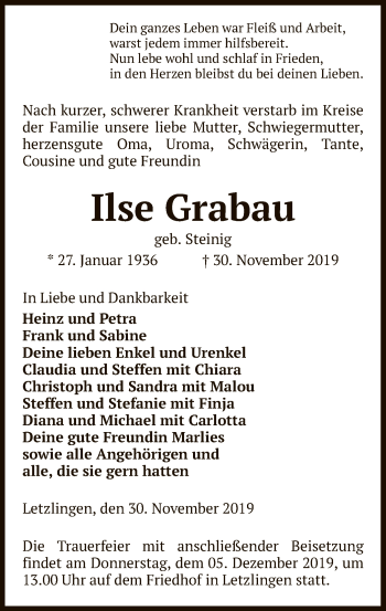 Traueranzeige von Ilse Grabau von Uelzen