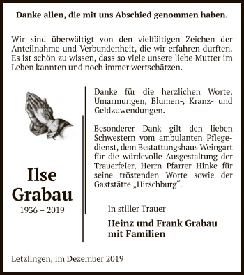 Traueranzeige von Ilse Grabau von Uelzen